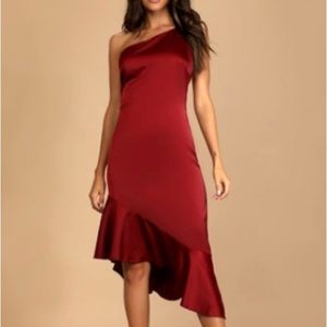 Burgundy Satin One-Shoulder Midi Dress